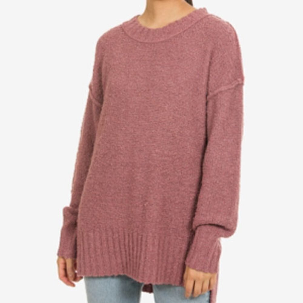 Jr373 Hippie Rose Dried Fig Juniors' Drop-Shoulder Boucle Tunic Sweater Size XS